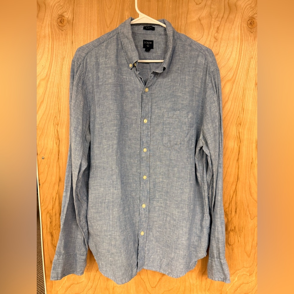 J. Crew Shirt Linen Blend Button-Up Mens Size L Blue.
